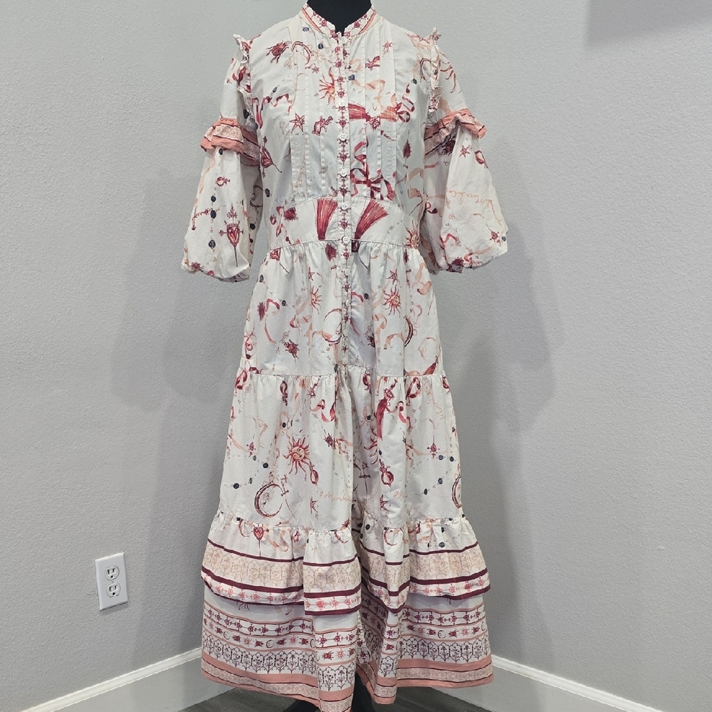 Marchesa Rosa Parker Midi Dress Button Down Puff Sleeve Cream Red Size 8 - Picture 3 of 10